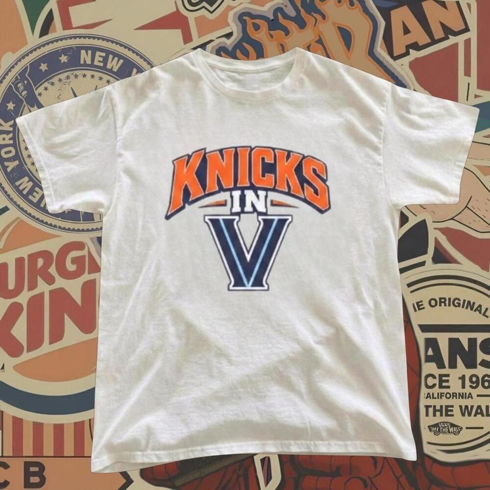 White New York Knicks Tee With Orange Blue Knicks In V Graphic